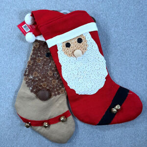 Christmas Stockings Lot of 2 Button Knit Reindeer Santa Claus Berkley Jensen New
